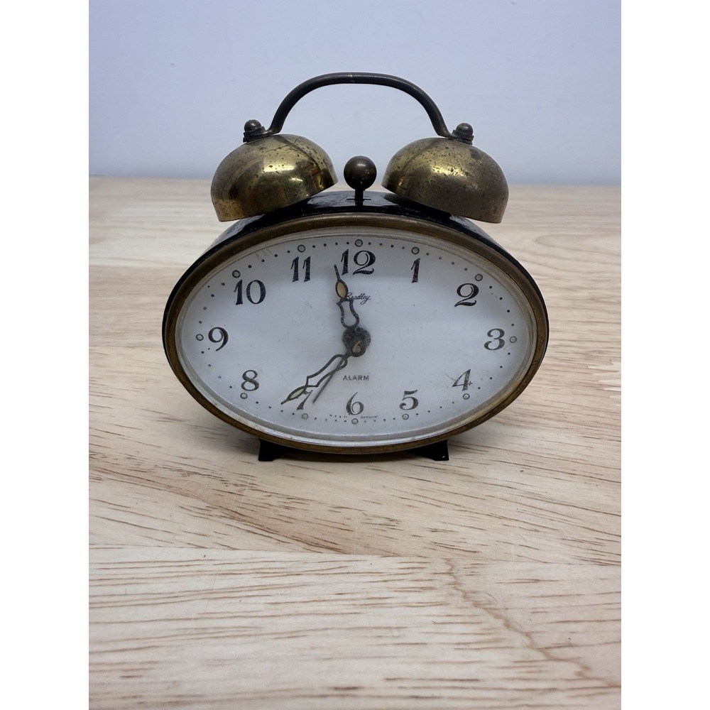 Vintage Bradley West Germany Twin Bell Alarm Clock Black Brass Wind Up Retro #44